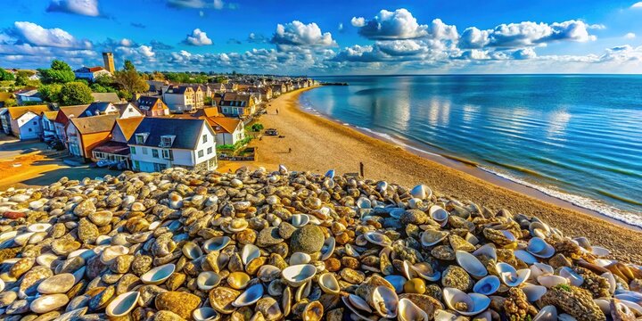 Stacks of Oyster Shells by the Seaside in Whitstable, Kent - Aerial View of Coastal Beauty