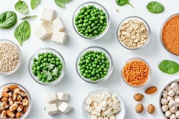 Naklejka premium An overhead view of a spread of plant-based foods, including peas, mushrooms, nuts, grains