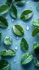 Fresh Green Leaves with Water Drops on Blue Surface