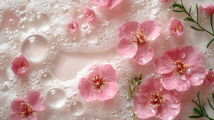 Soft Pink Blossoms in Bubbles on Creamy Surface