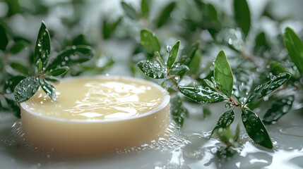 Natural Soap with Fresh Green Leaves and Water Droplets
