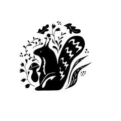 squirrel, animal, picture, decor, embroidery, design, for children, nature, black on white,