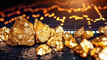 Golden Rocks on Digital Financial Graph Background