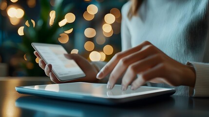 Portrait of a woman entrepreneur using a digital tablet in a trendy chic coffee shop setting with a futuristic triadic color scheme capturing the modern
