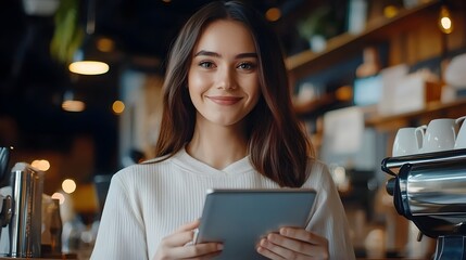 Fototapeta premium Successful woman entrepreneur working on a digital tablet in a chic modern coffee shop setting capturing the essence of futuristic business in a stylish creative workspace