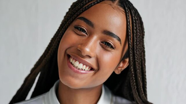 Smiling Black woman with braided hair, dark skin, white outfit on white background, closeup