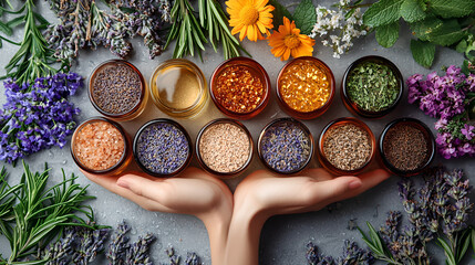 Variety of Spices and Herbs in Jars Displayed on Hands