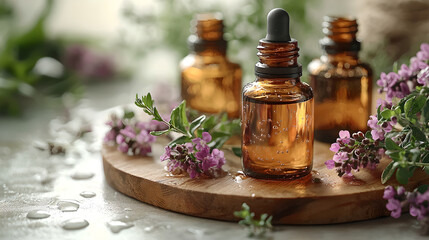 Aromatherapy Bottles with Fresh Herbs and Flowers