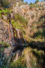 Silhouettes of herbs along stream water with moving reflection and Poios waterfall at golden hour, Vila de Rei PORTUGAL