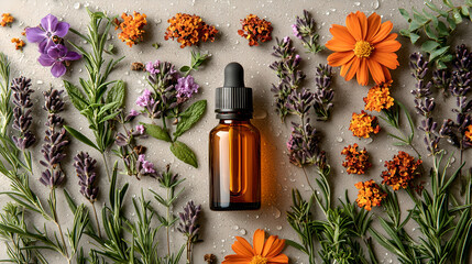 Aromatherapy Oil with Fresh Herbs and Flowers Arrangement
