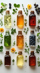 Variety of Natural Oils Displayed with Botanicals