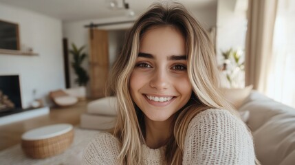 Happy woman taking a selfie in a bright modern living room