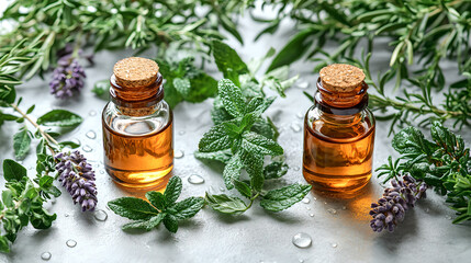 Herbal Essence Bottles with Fresh Greenery and Flowers
