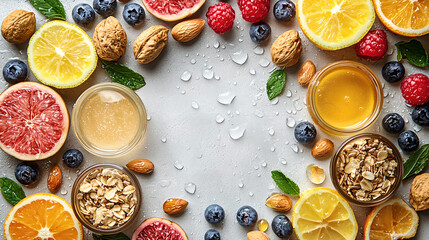 Fresh Fruits and Healthy Ingredients on Grey Background