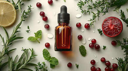 Herbal Essence Bottles with Fresh Ingredients and Fruits
