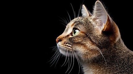 Detailed side profile portrait of a pensive shorthair cat with intricate fur texture and expressive eyes set against a complementary color scheme background