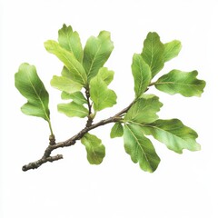 Green oak branch with leaves on white background