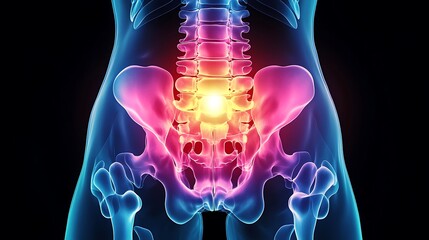 Naklejka premium Lower back vertebrae X-ray, localized pain highlighted with bright blue glow, clear vertebral bone outlines, glowing overlay effect on blue pain region, soft shadows for depth,