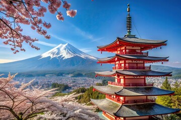 Medium Shot of Mt. Fuji and Chureito Red Pagoda with Cherry Blossom Sakura