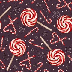 Seamless Christmas pattern with peppermint candies, cane and lollypops. Festive hand drawn watercolor style pattern on dark background.