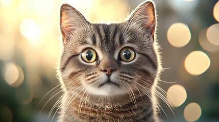 Detailed front facing portrait of a shorthair cat with soft warm lighting and a complementary color scheme perfect for adding text graphics