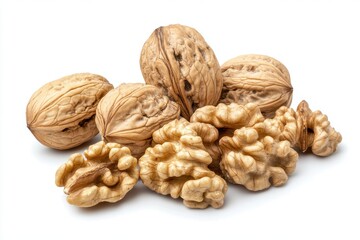Several walnut halves and a walnut shell, arranged in a natural pile, isolated on a white