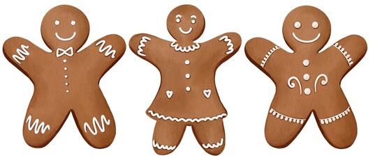 Chrismas set of isolated gingerbread cookies hand-painted in watercolor style on a white background.