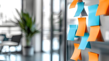 Vibrant sticky notes cover a glass wall highlighting the collaborative and creative process during an office brainstorming session
