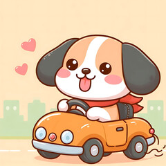 Cute Dog Driving Cartoon Car with Heart Icons