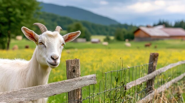 A domestic goat grazing in a fenced farmyard, domestic animal, rural family farm