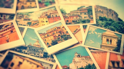 A collection of Polaroid photos from a European vacation, scattered across a table, capturing travel memories in vibrant snapshots
