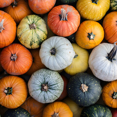 Colorful pumpkins forming autumn background with different colors