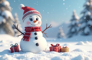 Obraz premium Cute cheerful snowman with christmas gifts in the forest. Generative AI
