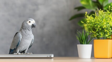 African grey parrot in a modern home office setting, domestic bird, working companion