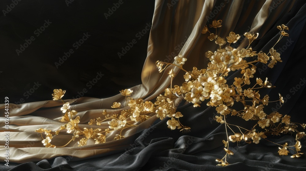 Wall mural Golden Floral Arrangement on Silk Fabric