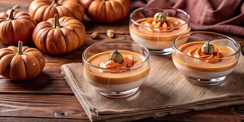 Fototapeta premium Pumpkin mousse desserts with whipped cream and nuts.