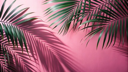 Fototapeta premium Medium shot of tropical palm leaves casting shadows on a pink wall background