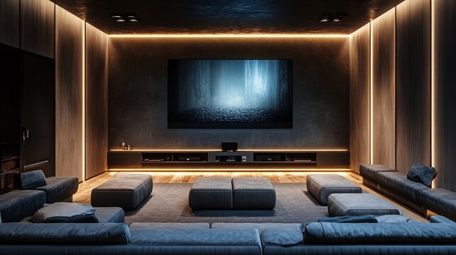 Contemporary home theater interior with minimalist design, featuring plush seating and a large screen, illuminated with soft ambient lighting.