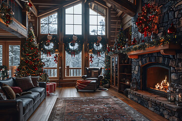 Christmas interior with fireplace, Christmas tree and gifts. 3d rendering