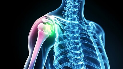 Shoulder joint X-ray, pain area depicted with bright green glow, realistic bone structure, glowing green light effect on pain region, soft shadows for visual depth,