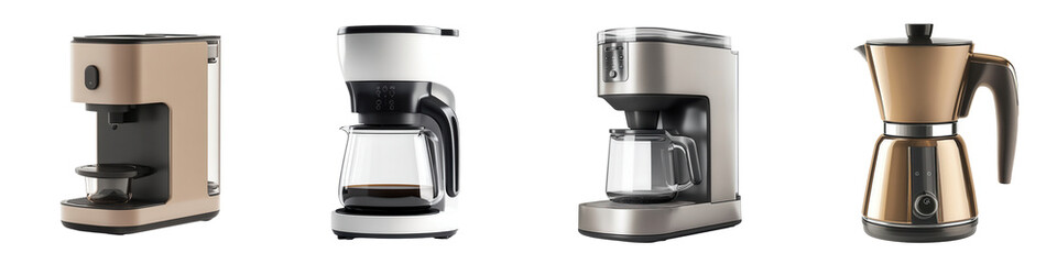 A collection of stylish coffee machines in various designs, perfect for brewing fresh coffee at home or in cafes. on transparent cutout, PNG file