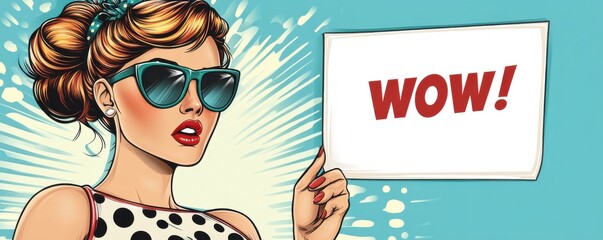 Comic book-style pop art image featuring a stylish woman with retro sunglasses holding a sign that reads WOW. The vibrant design showcases expressive colors, bold lines, and a sense of surprise and