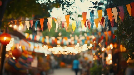 Obraz premium A lively outdoor party scene decorated with colorful flags, soft focus capturing the joy and celebration of the moment