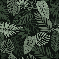 Botanical seamless tropical pattern with colorful plants and leaves on black background. Colorful stylish floral. Exotic tropics. Summer. Hawaiian style. Vector