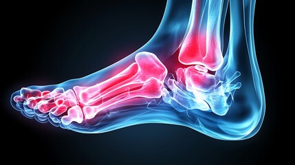 Toe joint X-ray, pain zones depicted in intense deep red, detailed bone structure, glowing red overlay on pain regions, soft shadow gradients in the background, blue tint on non-painful bones,