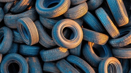 A pile of used car tires, showing age and wear, arranged in a messy stack outdoors.