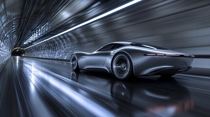 Futuristic sports car speeding through a sleek tunnel, showcasing motion, speed, and advanced design in a dynamic futuristic setting.