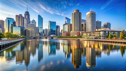 Obraz premium Medium shot panorama of Melbourne CBD Docklands buildings and Yarra river
