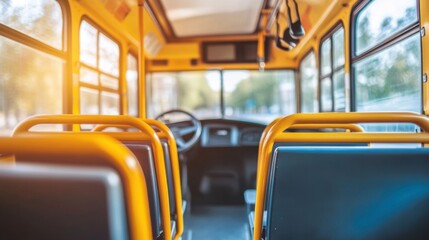 Fototapeta premium A quiet, empty school bus with the driver's seat in focus, bathed in early morning sunlight filtering through the windows