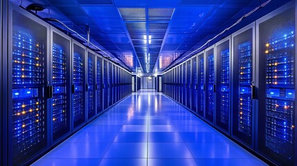 Fototapeta premium A modern data center featuring rows of blue-lit servers, showcasing high-tech digital infrastructure in a sleek, organized environment.
